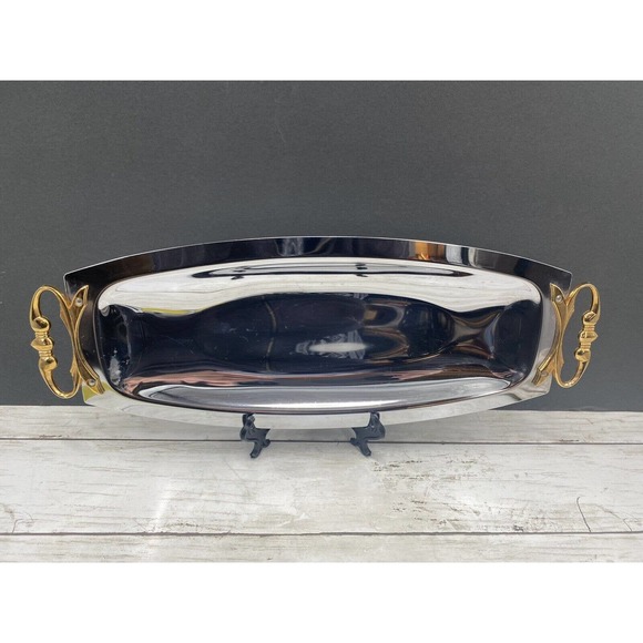 MCM Kromex Silver Serving Tray Bread Platter Chrome Brass Handles 17.5 x 6.5" - Picture 9 of 12